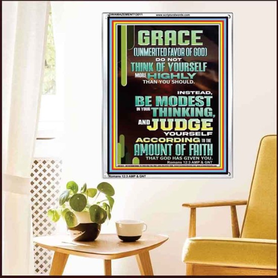 GRACE UNMERITED FAVOR OF GOD BE MODEST IN YOUR THINKING AND JUDGE YOURSELF  Christian Portrait Wall Art  GWAMAZEMENT13011  