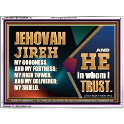 JEHOVAH JIREH OUR GOODNESS FORTRESS HIGH TOWER DELIVERER AND SHIELD  Scriptural Acrylic Frame Signs  GWAMBASSADOR10747  "48x32"