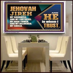 JEHOVAH JIREH OUR GOODNESS FORTRESS HIGH TOWER DELIVERER AND SHIELD  Scriptural Acrylic Frame Signs  GWAMBASSADOR10747  "48x32"