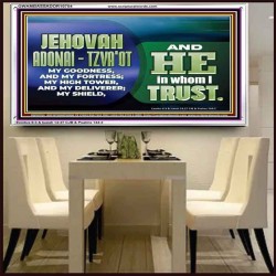 JEHOVAI ADONAI - TZVA'OT OUR GOODNESS FORTRESS HIGH TOWER DELIVERER AND SHIELD  Christian Quote Acrylic Frame  GWAMBASSADOR10754  "48x32"