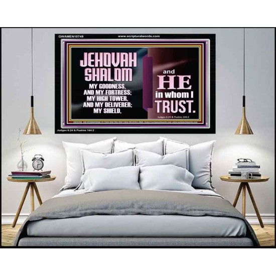 JEHOVAH SHALOM OUR GOODNESS FORTRESS HIGH TOWER DELIVERER AND SHIELD  Encouraging Bible Verse Acrylic Frame  GWAMEN10749  