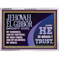 JEHOVAH EL GIBBOR MIGHTY GOD OUR GOODNESS FORTRESS HIGH TOWER DELIVERER AND SHIELD  Encouraging Bible Verse Acrylic Frame  GWARMOUR10751  "18X12"
