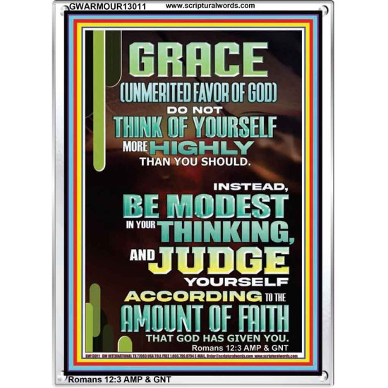 GRACE UNMERITED FAVOR OF GOD BE MODEST IN YOUR THINKING AND JUDGE YOURSELF  Christian Portrait Wall Art  GWARMOUR13011  