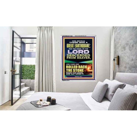 THE ANGEL OF THE LORD DESCENDED FROM HEAVEN AND ROLLED BACK THE STONE FROM THE DOOR  Custom Wall Scripture Art  GWARMOUR11826  