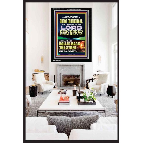 THE ANGEL OF THE LORD DESCENDED FROM HEAVEN AND ROLLED BACK THE STONE FROM THE DOOR  Custom Wall Scripture Art  GWASCEND11826  