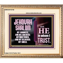 JEHOVAH SHALOM OUR GOODNESS FORTRESS HIGH TOWER DELIVERER AND SHIELD  Encouraging Bible Verse Portrait  GWCOV10749  "23x18"