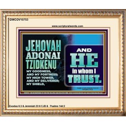 JEHOVAH ADONAI TZIDKENU OUR RIGHTEOUSNESS OUR GOODNESS FORTRESS HIGH TOWER DELIVERER AND SHIELD  Christian Quotes Portrait  GWCOV10753  "23x18"