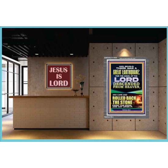 THE ANGEL OF THE LORD DESCENDED FROM HEAVEN AND ROLLED BACK THE STONE FROM THE DOOR  Custom Wall Scripture Art  GWEXALT11826  
