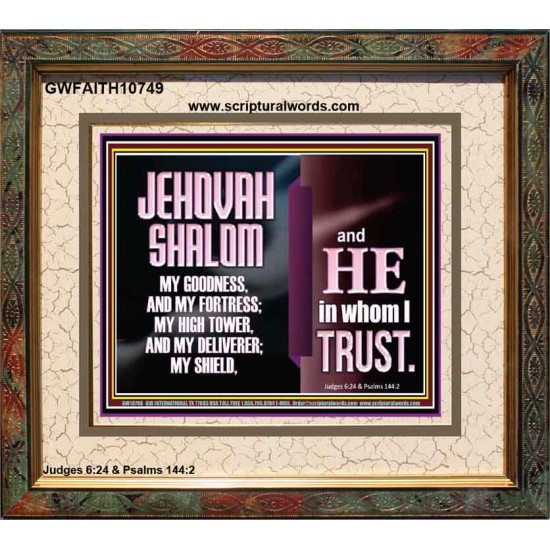 JEHOVAH SHALOM OUR GOODNESS FORTRESS HIGH TOWER DELIVERER AND SHIELD  Encouraging Bible Verse Portrait  GWFAITH10749  