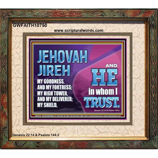 JEHOVAH JIREH OUR GOODNESS FORTRESS HIGH TOWER DELIVERER AND SHIELD  Encouraging Bible Verses Portrait  GWFAITH10750  