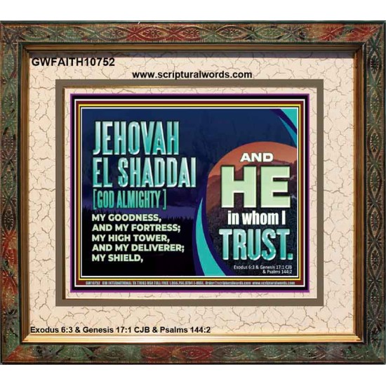 JEHOVAH EL SHADDAI GOD ALMIGHTY OUR GOODNESS FORTRESS HIGH TOWER DELIVERER AND SHIELD  Christian Quotes Portrait  GWFAITH10752  