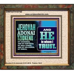 JEHOVAH ADONAI TZIDKENU OUR RIGHTEOUSNESS OUR GOODNESS FORTRESS HIGH TOWER DELIVERER AND SHIELD  Christian Quotes Portrait  GWFAITH10753  "18X16"