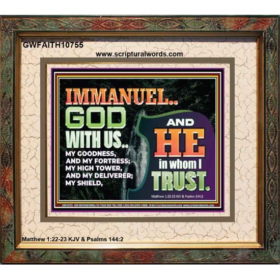 IMMANUEL..GOD WITH US OUR GOODNESS FORTRESS HIGH TOWER DELIVERER AND SHIELD  Christian Quote Portrait  GWFAITH10755  