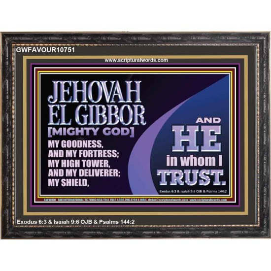 JEHOVAH EL GIBBOR MIGHTY GOD OUR GOODNESS FORTRESS HIGH TOWER DELIVERER AND SHIELD  Encouraging Bible Verse Wooden Frame  GWFAVOUR10751  