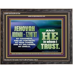 JEHOVAI ADONAI - TZVA'OT OUR GOODNESS FORTRESS HIGH TOWER DELIVERER AND SHIELD  Christian Quote Wooden Frame  GWFAVOUR10754  "45X33"