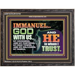 IMMANUEL..GOD WITH US OUR GOODNESS FORTRESS HIGH TOWER DELIVERER AND SHIELD  Christian Quote Wooden Frame  GWFAVOUR10755  "45X33"