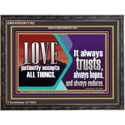 LOVE PATIENTLY ACCEPTS ALL THINGS. IT ALWAYS TRUST HOPE AND ENDURES  Unique Scriptural Wooden Frame  GWFAVOUR11762  "45X33"