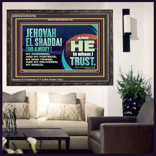 JEHOVAH EL SHADDAI GOD ALMIGHTY OUR GOODNESS FORTRESS HIGH TOWER DELIVERER AND SHIELD  Christian Quotes Wooden Frame  GWFAVOUR10752  