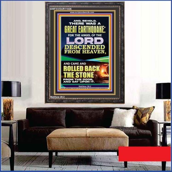THE ANGEL OF THE LORD DESCENDED FROM HEAVEN AND ROLLED BACK THE STONE FROM THE DOOR  Custom Wall Scripture Art  GWFAVOUR11826  
