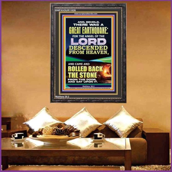 THE ANGEL OF THE LORD DESCENDED FROM HEAVEN AND ROLLED BACK THE STONE FROM THE DOOR  Custom Wall Scripture Art  GWFAVOUR11826  
