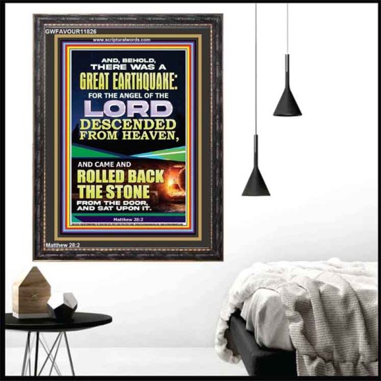 THE ANGEL OF THE LORD DESCENDED FROM HEAVEN AND ROLLED BACK THE STONE FROM THE DOOR  Custom Wall Scripture Art  GWFAVOUR11826  