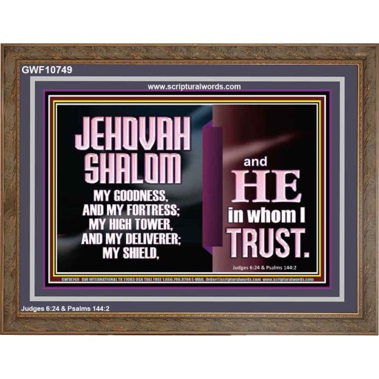 JEHOVAH SHALOM OUR GOODNESS FORTRESS HIGH TOWER DELIVERER AND SHIELD  Encouraging Bible Verse Wooden Frame  GWF10749  