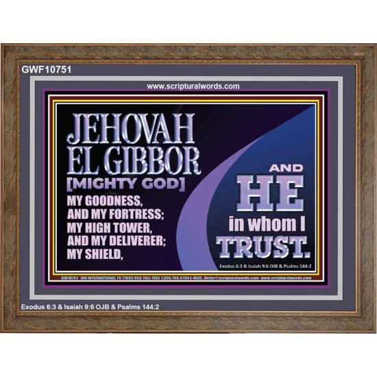 JEHOVAH EL GIBBOR MIGHTY GOD OUR GOODNESS FORTRESS HIGH TOWER DELIVERER AND SHIELD  Encouraging Bible Verse Wooden Frame  GWF10751  