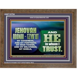 JEHOVAI ADONAI - TZVA'OT OUR GOODNESS FORTRESS HIGH TOWER DELIVERER AND SHIELD  Christian Quote Wooden Frame  GWF10754  "45X33"