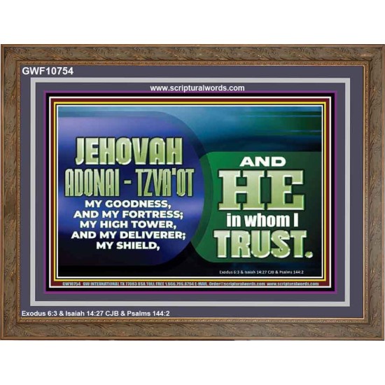 JEHOVAI ADONAI - TZVA'OT OUR GOODNESS FORTRESS HIGH TOWER DELIVERER AND SHIELD  Christian Quote Wooden Frame  GWF10754  