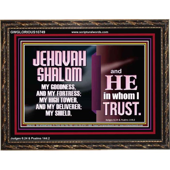JEHOVAH SHALOM OUR GOODNESS FORTRESS HIGH TOWER DELIVERER AND SHIELD  Encouraging Bible Verse Wooden Frame  GWGLORIOUS10749  