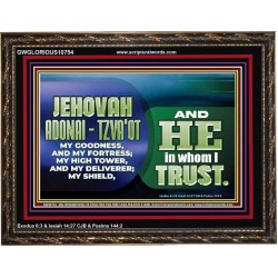 JEHOVAI ADONAI - TZVA'OT OUR GOODNESS FORTRESS HIGH TOWER DELIVERER AND SHIELD  Christian Quote Wooden Frame  GWGLORIOUS10754  "45X33"