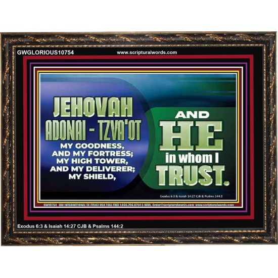 JEHOVAI ADONAI - TZVA'OT OUR GOODNESS FORTRESS HIGH TOWER DELIVERER AND SHIELD  Christian Quote Wooden Frame  GWGLORIOUS10754  