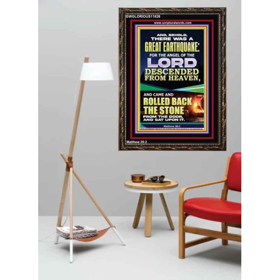 THE ANGEL OF THE LORD DESCENDED FROM HEAVEN AND ROLLED BACK THE STONE FROM THE DOOR  Custom Wall Scripture Art  GWGLORIOUS11826  
