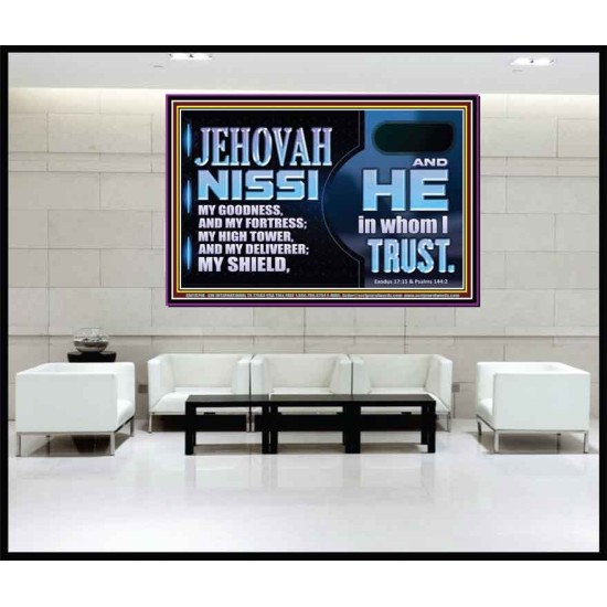 JEHOVAH NISSI OUR GOODNESS FORTRESS HIGH TOWER DELIVERER AND SHIELD  Encouraging Bible Verses Portrait  GWJOY10748  