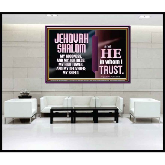 JEHOVAH SHALOM OUR GOODNESS FORTRESS HIGH TOWER DELIVERER AND SHIELD  Encouraging Bible Verse Portrait  GWJOY10749  
