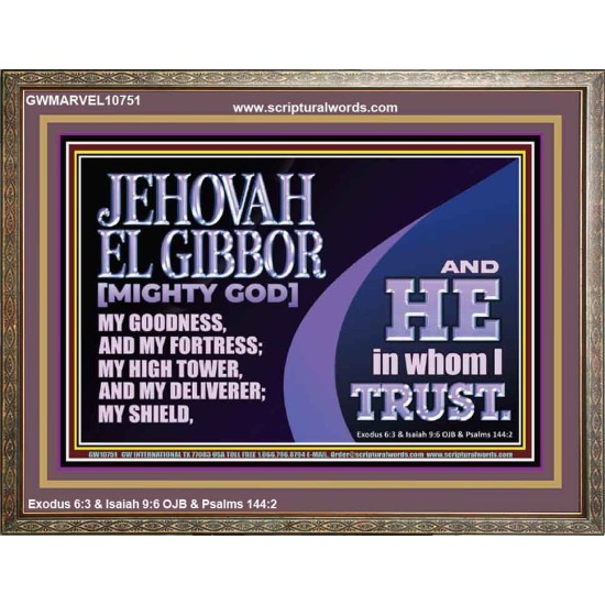 JEHOVAH EL GIBBOR MIGHTY GOD OUR GOODNESS FORTRESS HIGH TOWER DELIVERER AND SHIELD  Encouraging Bible Verse Wooden Frame  GWMARVEL10751  