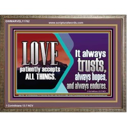 LOVE PATIENTLY ACCEPTS ALL THINGS. IT ALWAYS TRUST HOPE AND ENDURES  Unique Scriptural Wooden Frame  GWMARVEL11762  "36X31"
