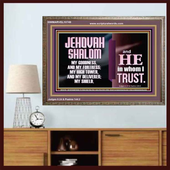 JEHOVAH SHALOM OUR GOODNESS FORTRESS HIGH TOWER DELIVERER AND SHIELD  Encouraging Bible Verse Wooden Frame  GWMARVEL10749  