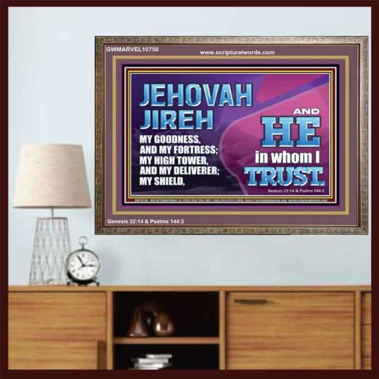 JEHOVAH JIREH OUR GOODNESS FORTRESS HIGH TOWER DELIVERER AND SHIELD  Encouraging Bible Verses Wooden Frame  GWMARVEL10750  