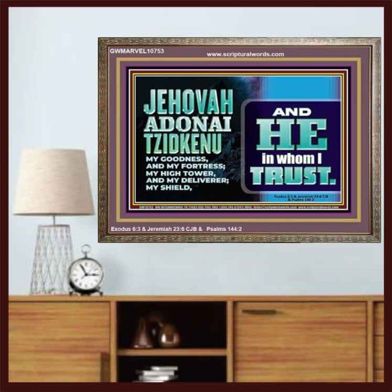 JEHOVAH ADONAI TZIDKENU OUR RIGHTEOUSNESS OUR GOODNESS FORTRESS HIGH TOWER DELIVERER AND SHIELD  Christian Quotes Wooden Frame  GWMARVEL10753  