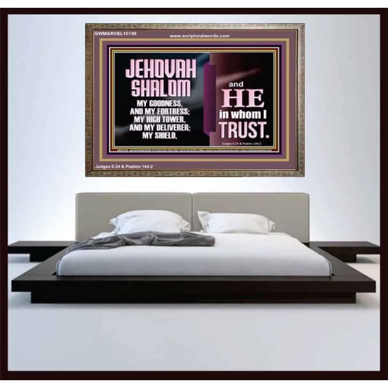 JEHOVAH SHALOM OUR GOODNESS FORTRESS HIGH TOWER DELIVERER AND SHIELD  Encouraging Bible Verse Wooden Frame  GWMARVEL10749  