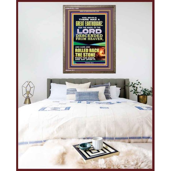 THE ANGEL OF THE LORD DESCENDED FROM HEAVEN AND ROLLED BACK THE STONE FROM THE DOOR  Custom Wall Scripture Art  GWMARVEL11826  