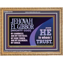 JEHOVAH EL GIBBOR MIGHTY GOD OUR GOODNESS FORTRESS HIGH TOWER DELIVERER AND SHIELD  Encouraging Bible Verse Wooden Frame  GWMS10751  "34x28"