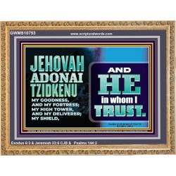 JEHOVAH ADONAI TZIDKENU OUR RIGHTEOUSNESS OUR GOODNESS FORTRESS HIGH TOWER DELIVERER AND SHIELD  Christian Quotes Wooden Frame  GWMS10753  "34x28"