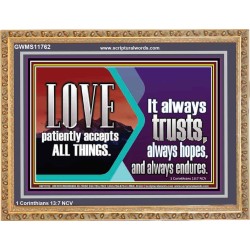 LOVE PATIENTLY ACCEPTS ALL THINGS. IT ALWAYS TRUST HOPE AND ENDURES  Unique Scriptural Wooden Frame  GWMS11762  "34x28"
