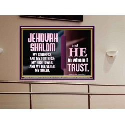 JEHOVAH SHALOM OUR GOODNESS FORTRESS HIGH TOWER DELIVERER AND SHIELD  Encouraging Bible Verse Portrait  GWOVERCOMER10749  "62x44"