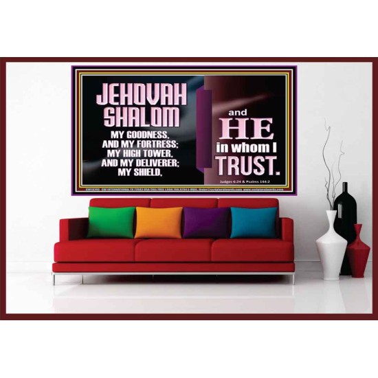 JEHOVAH SHALOM OUR GOODNESS FORTRESS HIGH TOWER DELIVERER AND SHIELD  Encouraging Bible Verse Portrait  GWOVERCOMER10749  