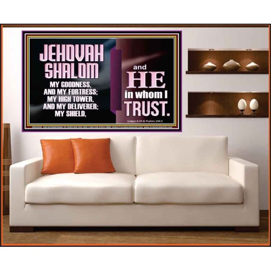 JEHOVAH SHALOM OUR GOODNESS FORTRESS HIGH TOWER DELIVERER AND SHIELD  Encouraging Bible Verse Portrait  GWOVERCOMER10749  