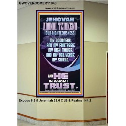 JEHOVAH ADONAI TZIDKENU OUR RIGHTEOUSNESS MY GOODNESS MY FORTRESS MY HIGH TOWER MY DELIVERER MY SHIELD  Eternal Power Portrait  GWOVERCOMER11940  "44X62"