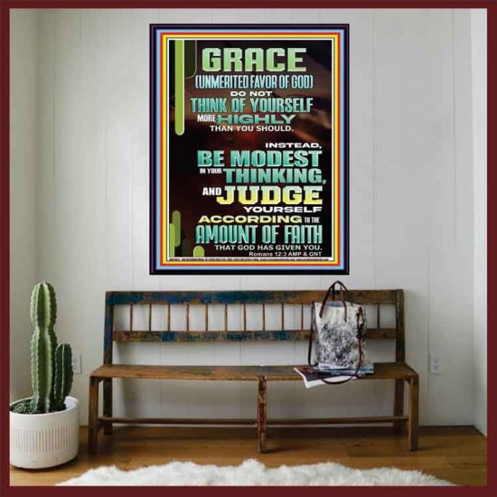 GRACE UNMERITED FAVOR OF GOD BE MODEST IN YOUR THINKING AND JUDGE YOURSELF  Christian Portrait Wall Art  GWOVERCOMER13011  